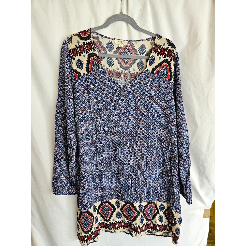 Umgee Womens M BOHO Blue Geometric Tunic Top 3/4 Sleeve Round Neck Pleated Woven